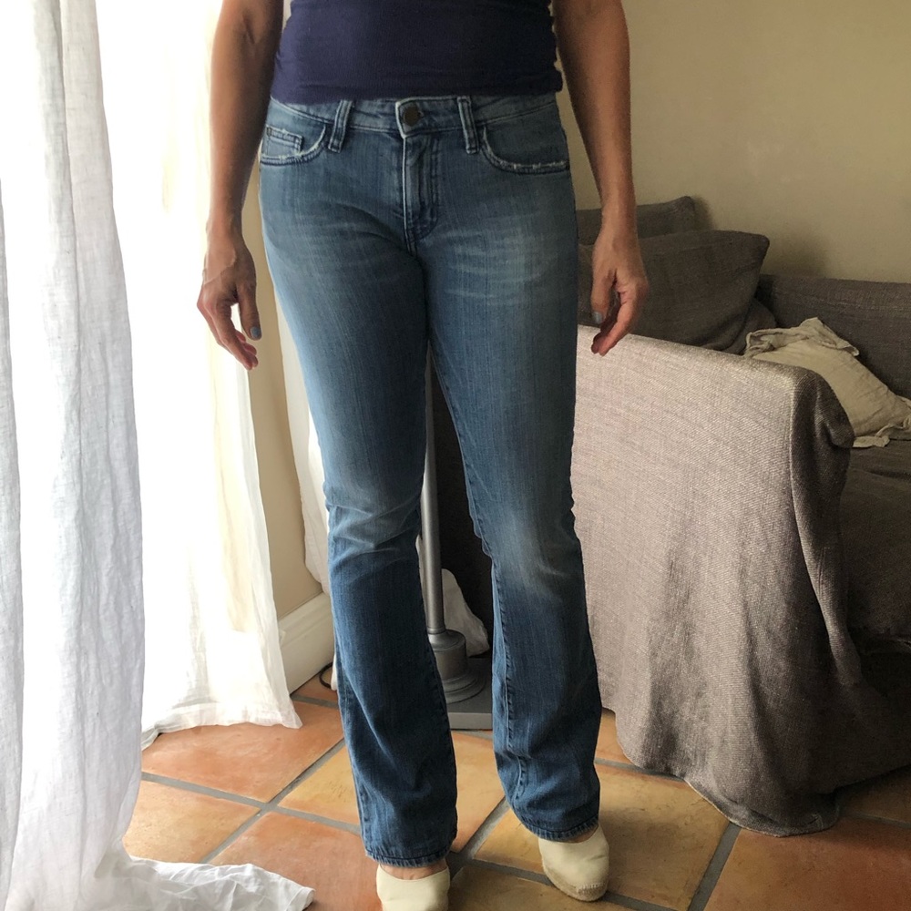 Low rise flare jeans.